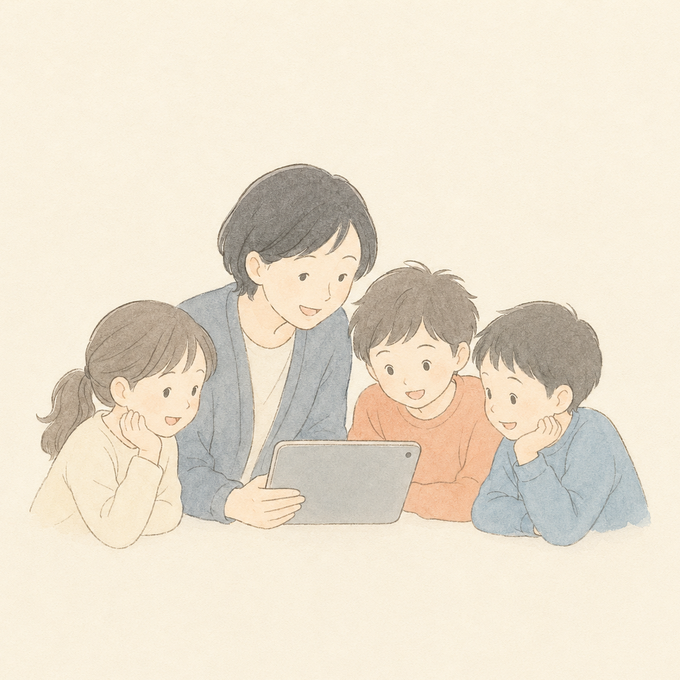 先生と子どもたちがタブレットをのぞきこむ教室のイラスト