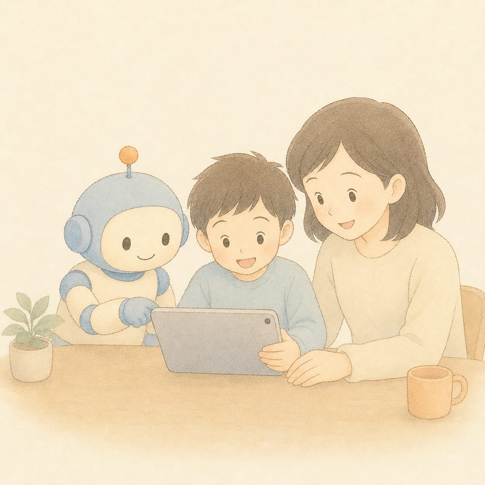 おうちの人と子どもがいっしょにAIをつかうイラスト