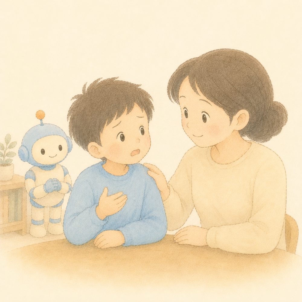 こまったことをおうちの人に相談する男の子とAIロボットのイラスト