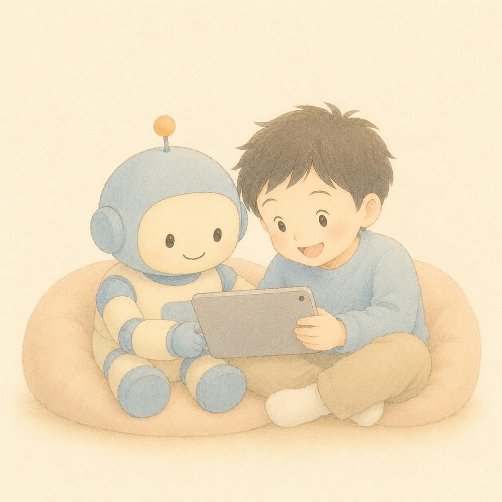 タブレットで無料のAIを楽しむ男の子とAIロボットのイラスト