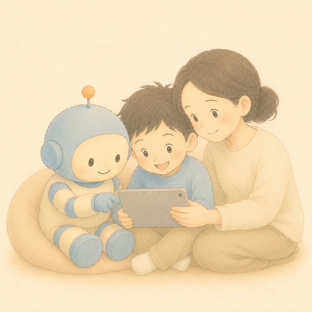 おうちの人と子どもがいっしょにタブレットでAIを使うイラスト
