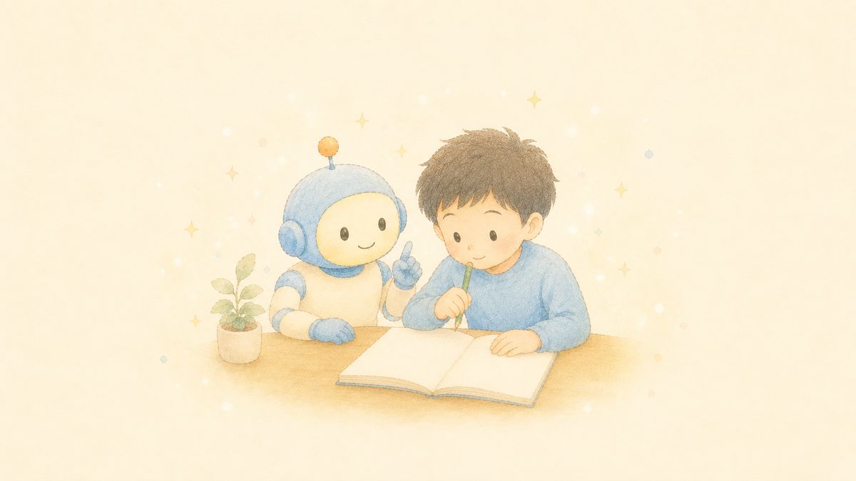 しゅくだいでAIを使い自分で考える男の子とヒントを出すAIロボットのイラスト