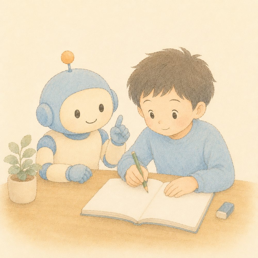 自分でノートに書いて問題をとく男の子とヒントを出すAIロボットのイラスト