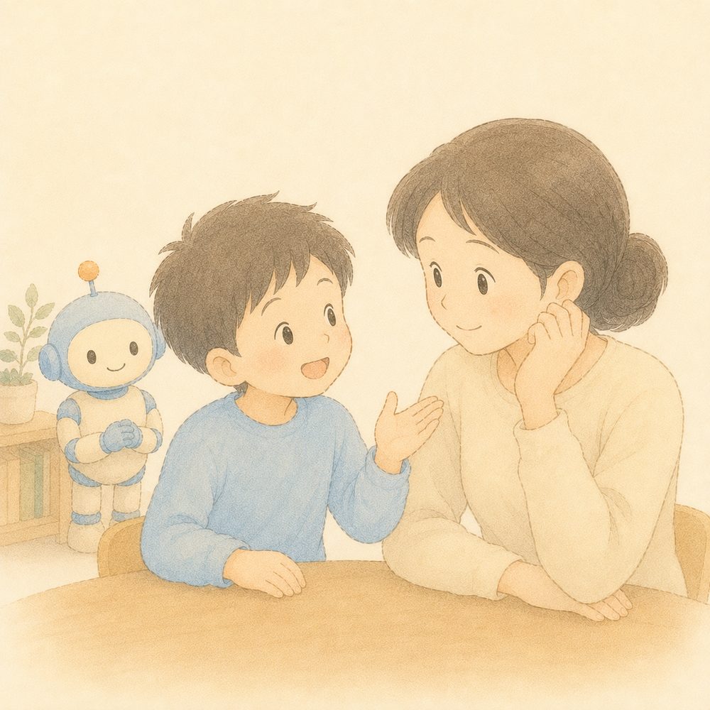 おうちの人にAIのことを相談する男の子のイラスト