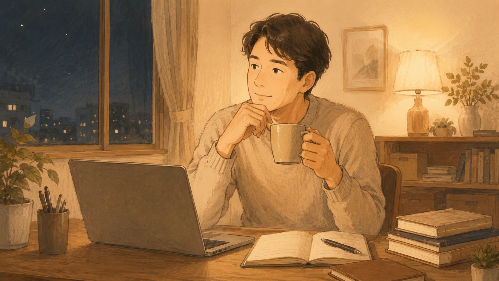 夜の机でノートパソコンを前にお茶を持って考える大人のイラスト